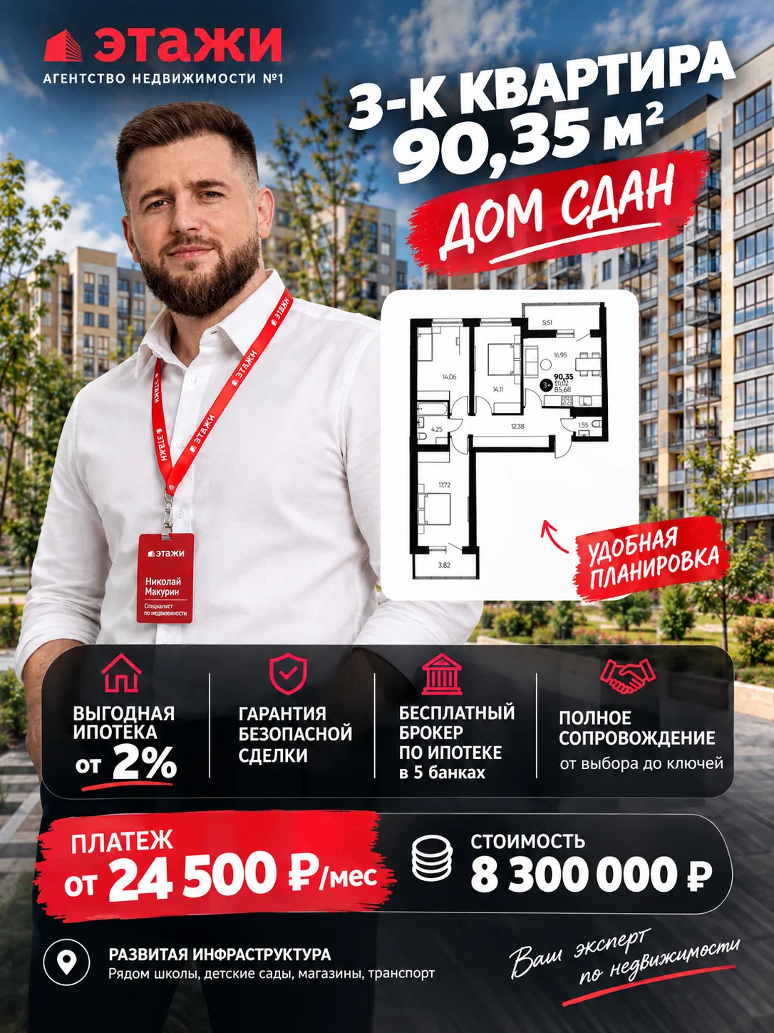 **3-комнатная квартира 90,35 м² — дом сдан!**