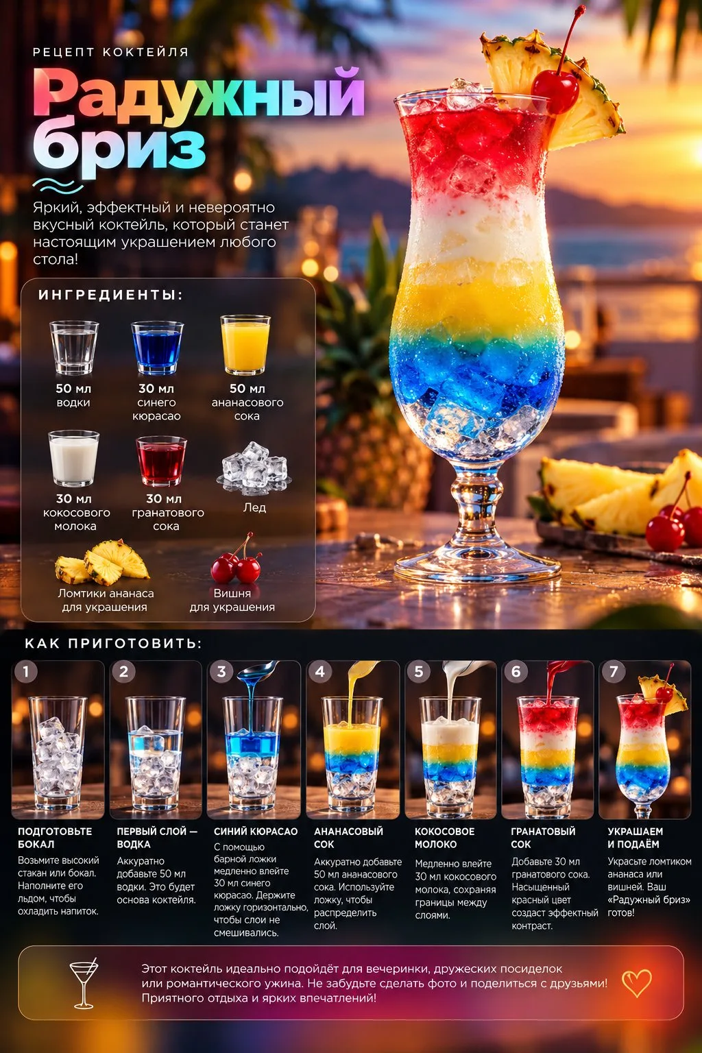 🌈 Рецепт необычного коктейля: «Радужный бриз» 🍹✨