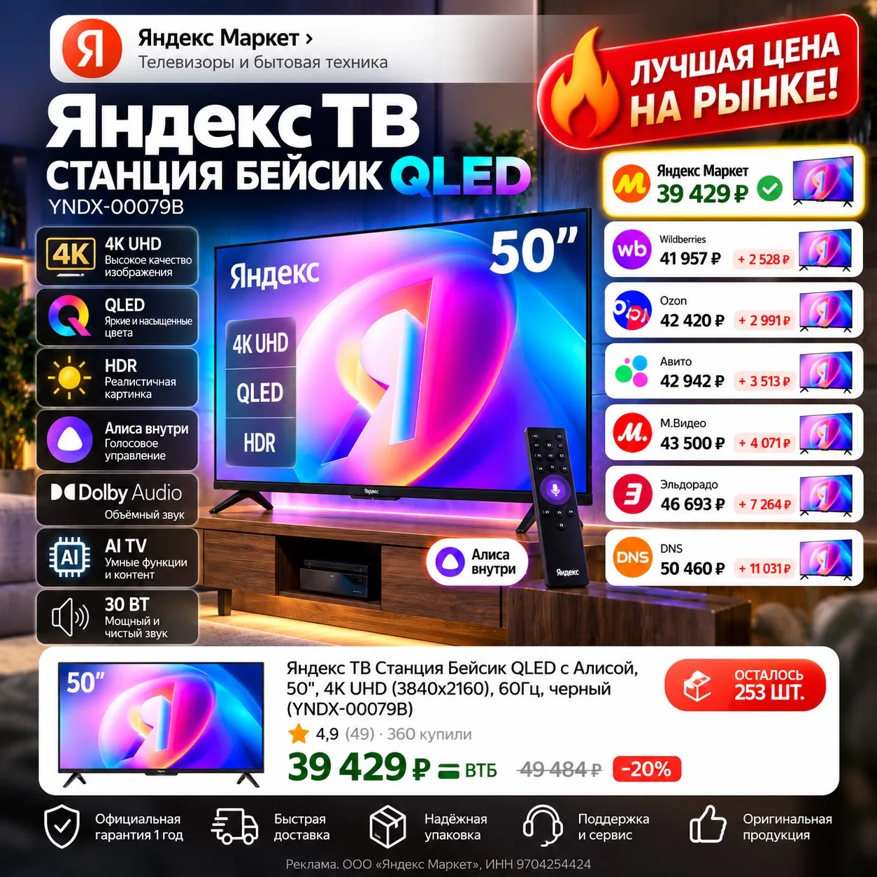 🔥 ЯНДЕКС ТВ СТАНЦИЯ БЕЙСИК QLED 50” — ВСЕГО 39 429 ₽