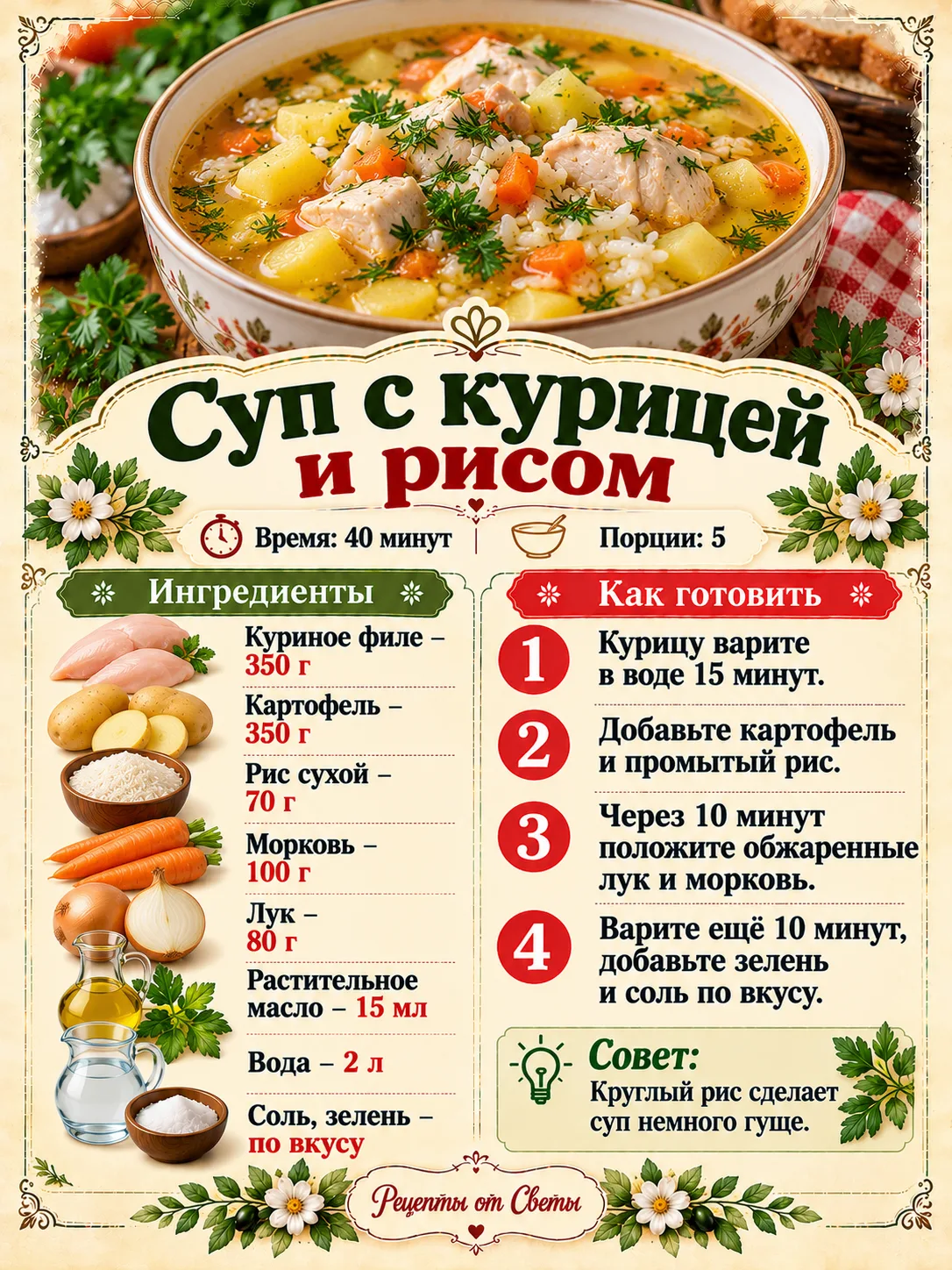🥣 Суп с курицей и рисом, который согреет, насытит и напомнит о вкусных домашних обедах!