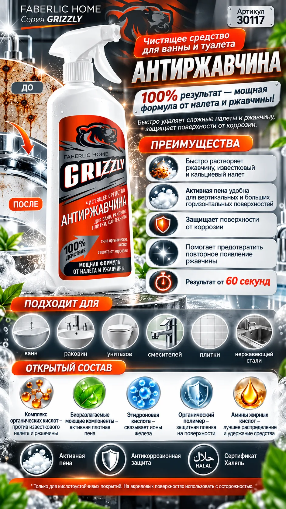 Чистящее средство для ванны и туалета «Антиржавчина» Grizzly