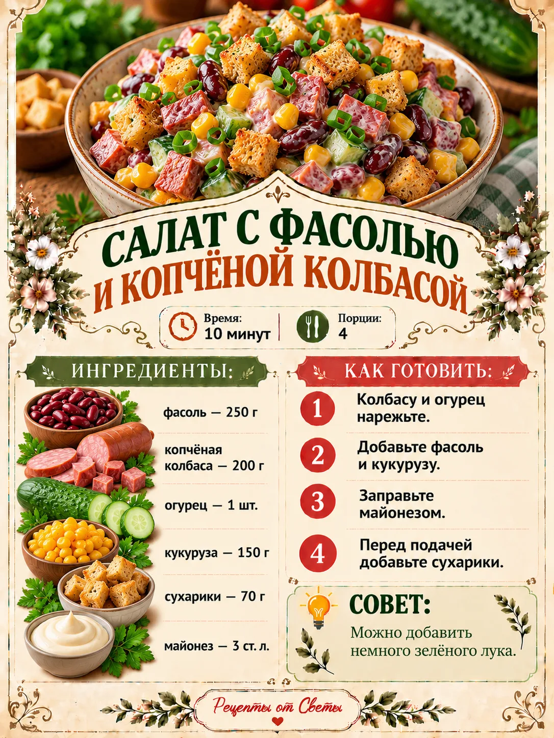 🥗 Сытный салат с фасолью и копчёной колбаской: нарезали, смешали и можно к столу!