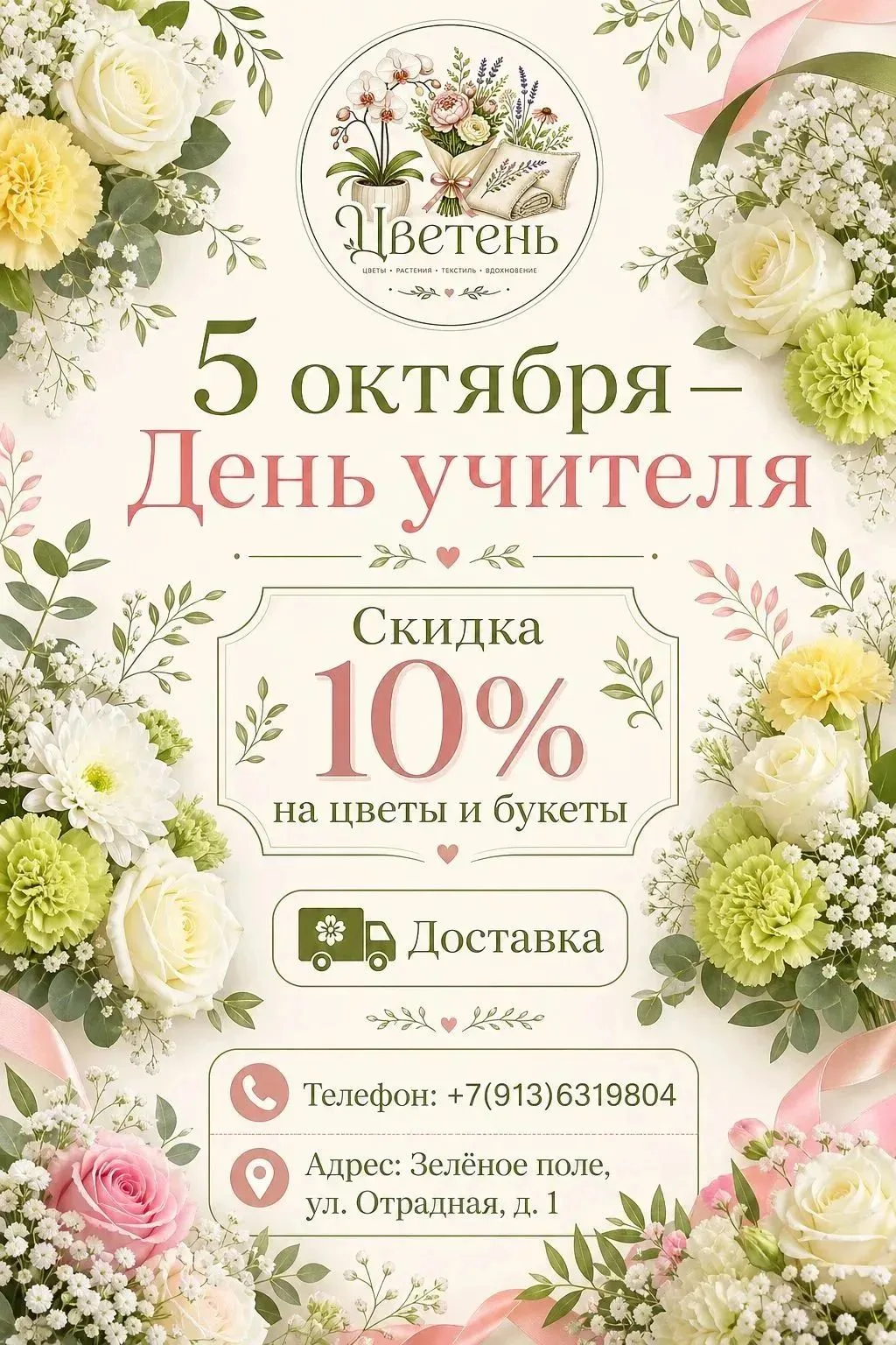 Уважаемые Учителя, наш дружный коллектив магазина цветов и подарков Цветень,  от всей д...