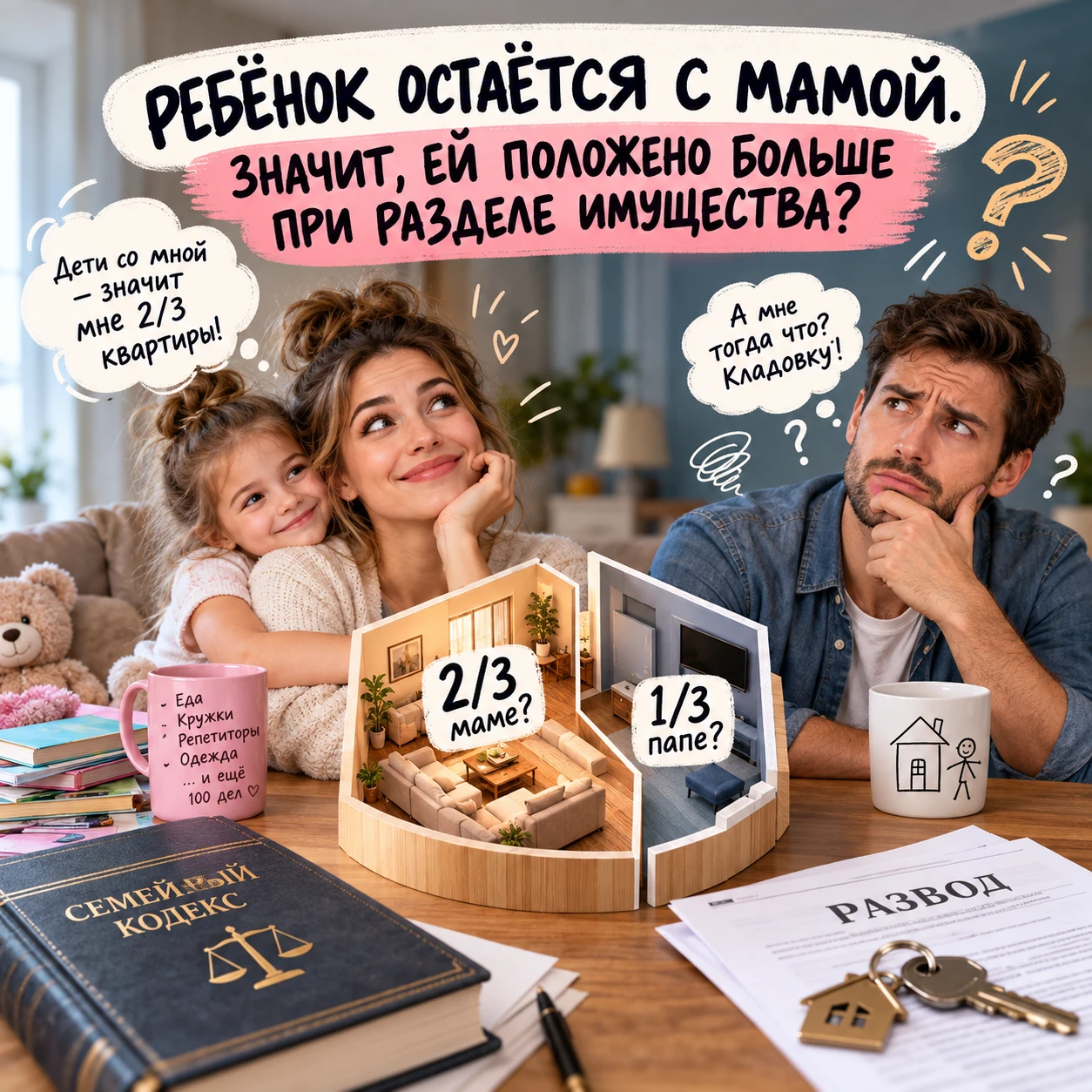 РЕБЁНОК ОСТАЁТСЯ С МАМОЙ. ЗНАЧИТ, ЕЙ ПОЛОЖЕНО БОЛЬШЕ ПРИ РАЗДЕЛЕ ИМУЩЕСТВА?