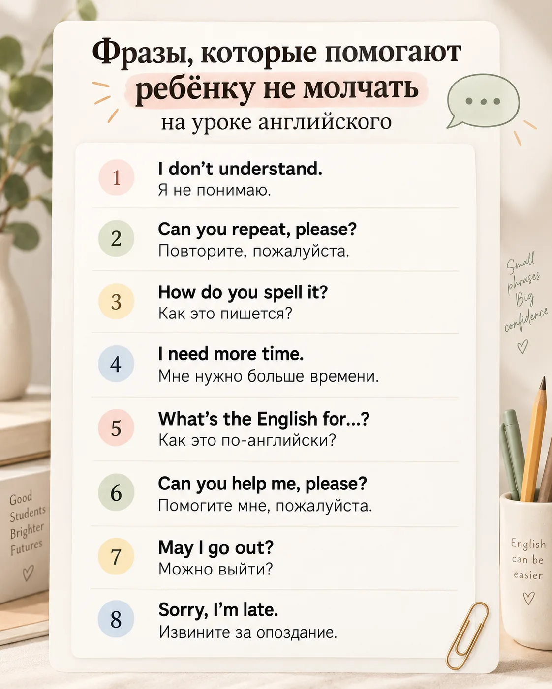 Фразы, которые помогают ребёнку не молчать на уроке английского