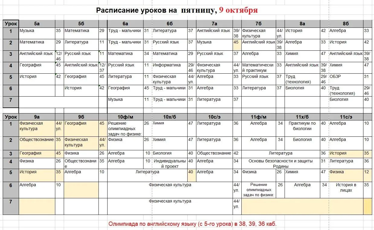 Расписание на пятницу, 9 октября
