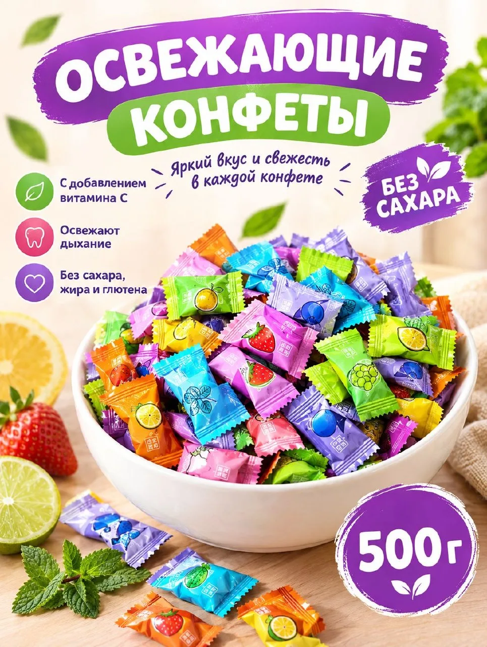 🟠 Китайские Конфеты леденцовые драже освежающие без сахара 500гр витамин