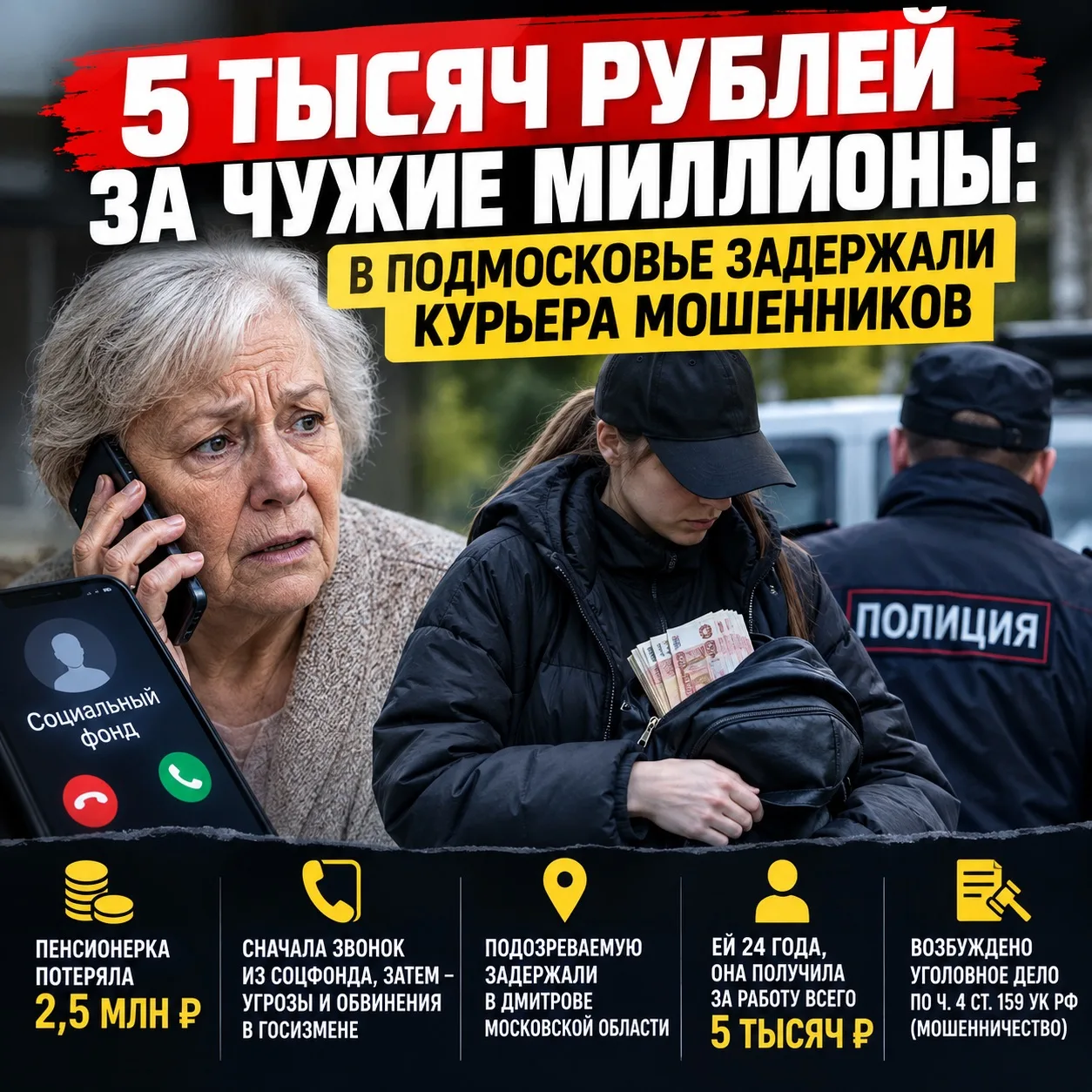 💸 5 тысяч рублей за чужие миллионы: полицейские столицы в Подмосковье задержали курьер...