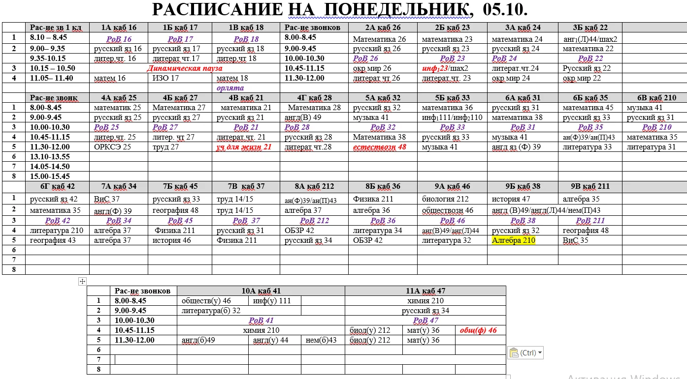 Расписание на понедельник, 05.10.