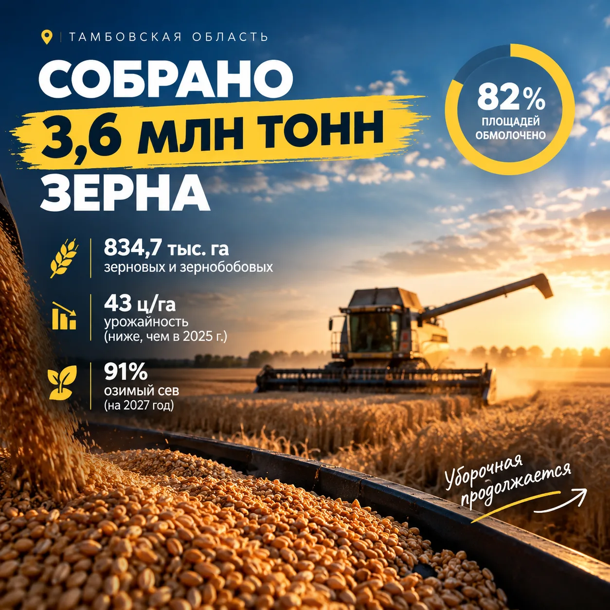 🌾 Тамбовская область намолотила почти 3,6 млн тонн зерна