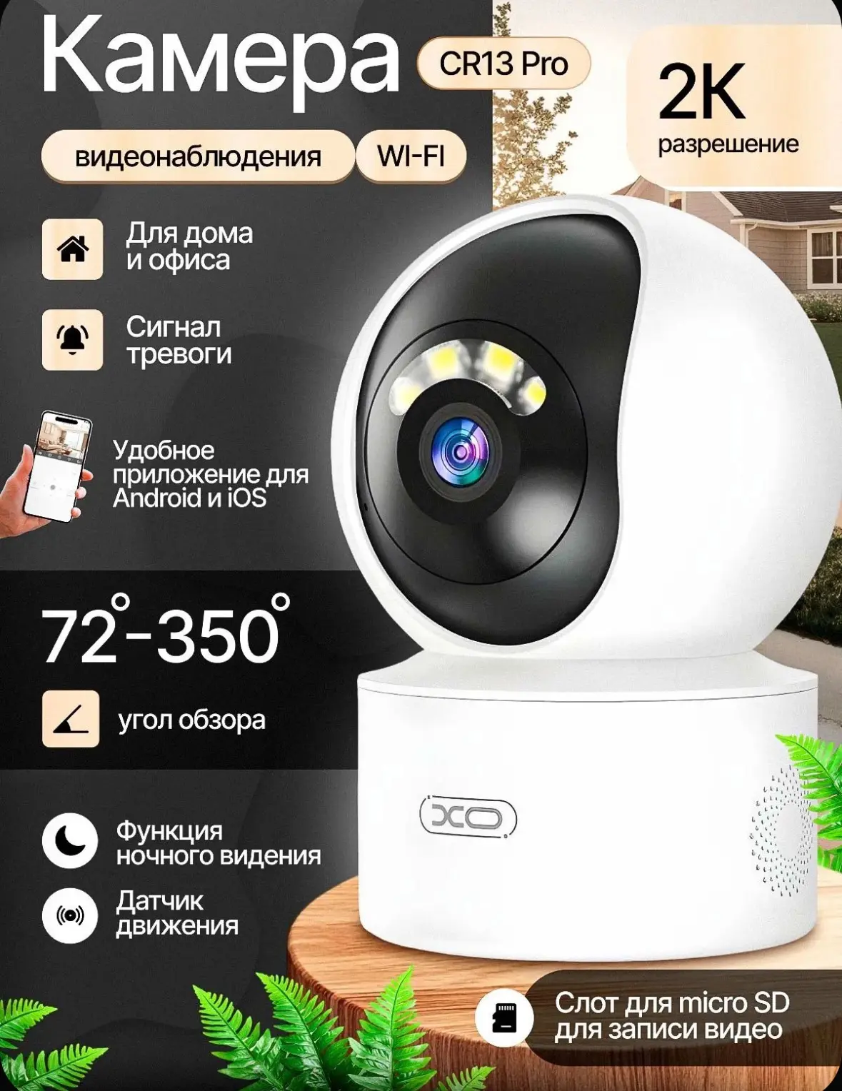 Умная Wi-Fi камера , для дома и офиса , датчик движения , ночная съемка , поворотная , ...