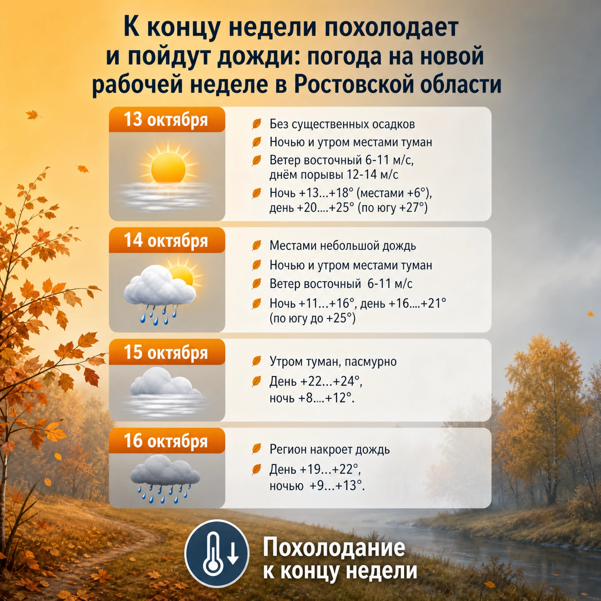 К концу недели похолодает и пойдут дожди: погода на новой рабочей неделе в Ростовской о...
