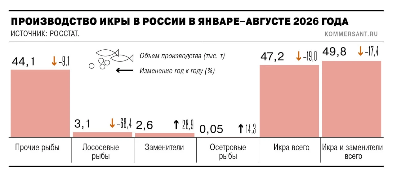 🐟 Выпуск заменителей икры за первые восемь месяцев 2026 года вырос на 28,9% год к году...