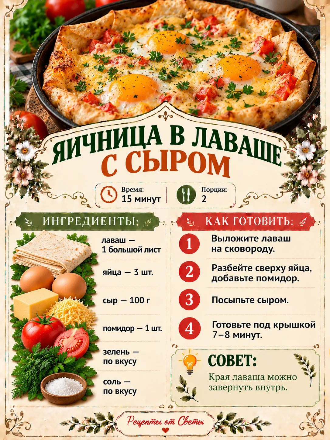 🍳 Если обычная яичница наскучила, добавьте лаваш и сыр: завтрак сразу заиграет по-новому!