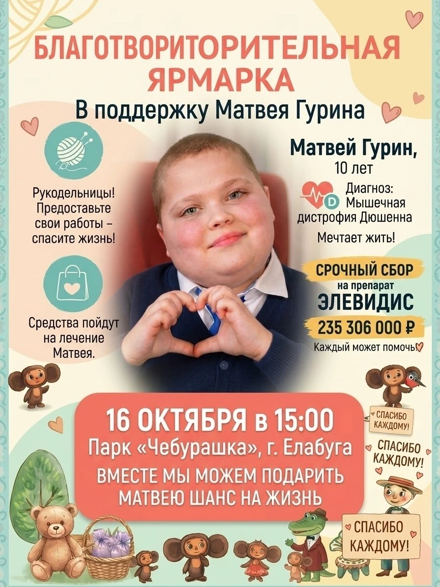 В Елабуге пройдёт благотворительная ярмарка в помощь 10-летнему Матвею Гурину