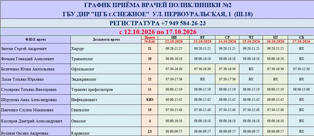 📆 График работы врачей ГБУ ДНР «ЦГБ г. Снежное» в период с 12.10.2026 по 17.10.2026.