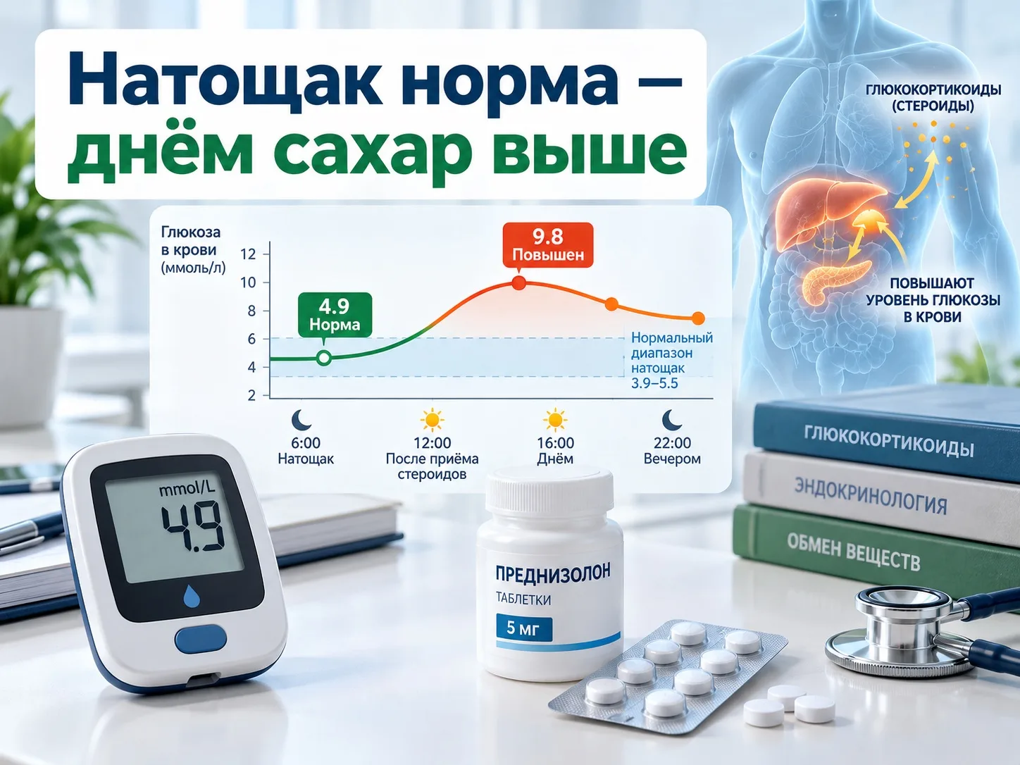 ГЛЮКОЗА НАТОЩАК НОРМАЛЬНАЯ, НО СТЕРОИДЫ УЖЕ МОГУТ ПОВЫШАТЬ САХАР