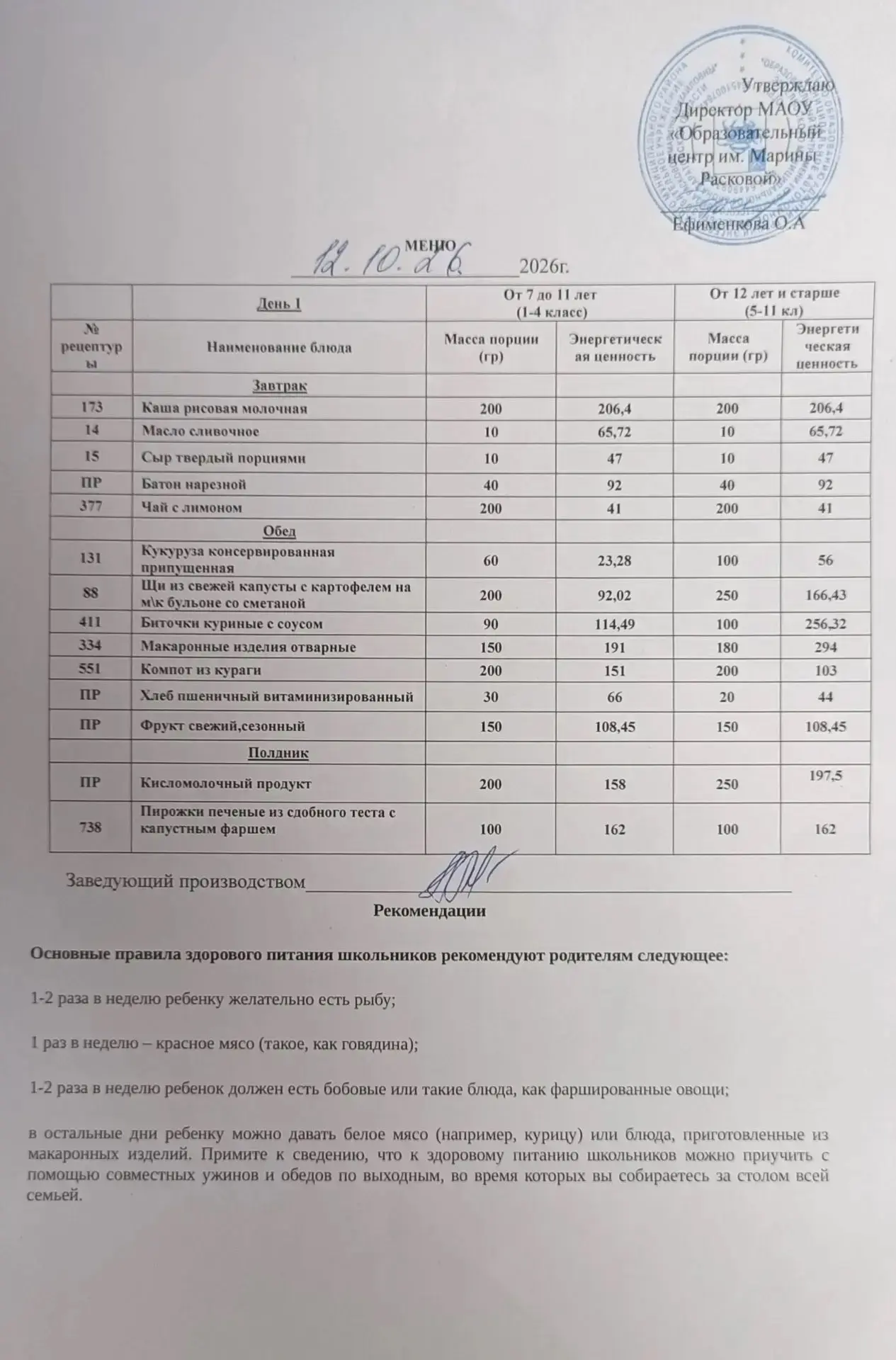 Вид питания: завтрак