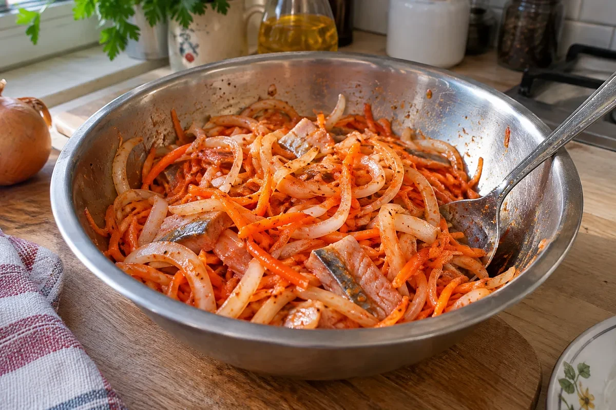 Селедка по-корейски с луком и морковью