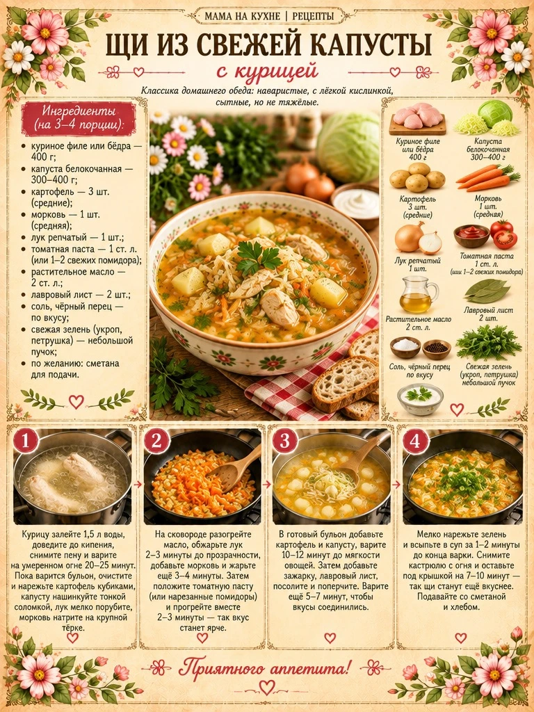 🌸 Щи из свежей капусты с курицей 🌸