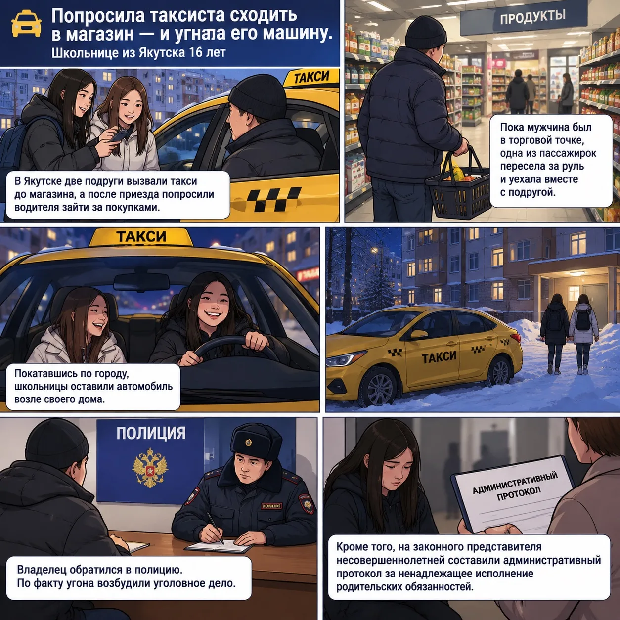 🚕Попросила таксиста сходить в магазин — и угнала его машину. Школьнице из Якутска 16 лет