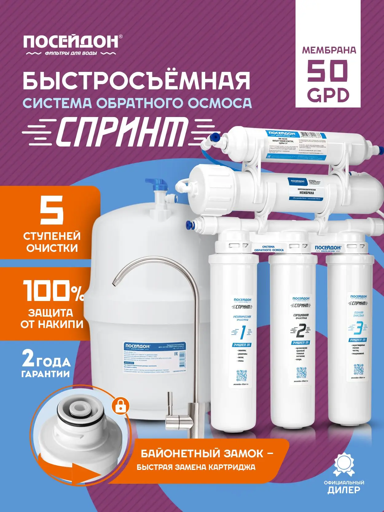 🟠 Система обратного осмоса СПРИНТ байонет, мембрана 50g. Фильтр для воды