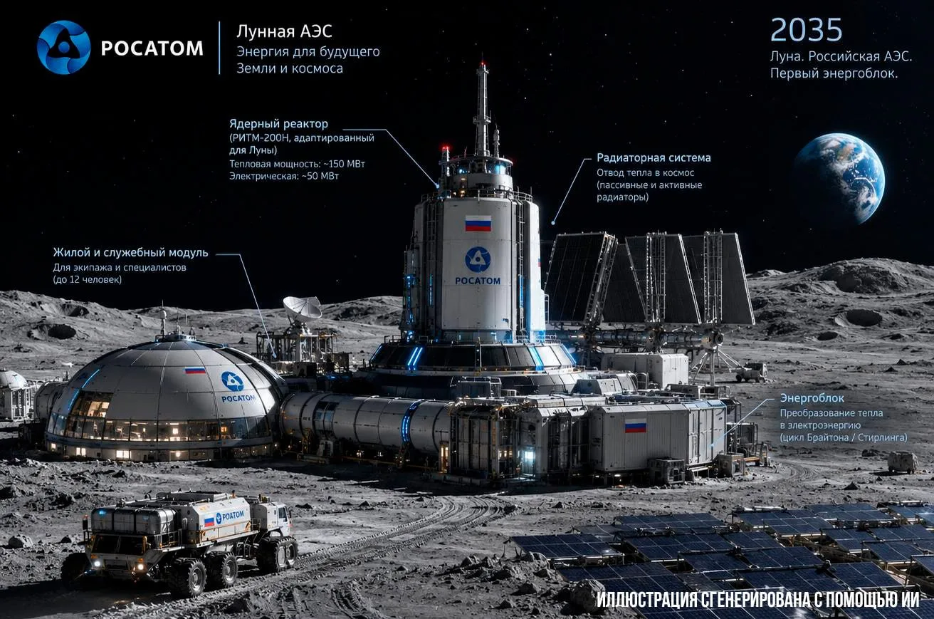 ⚛️ Россия планирует построить первую АЭС на Луне к 2035 году. Реактор будет обеспечиват...