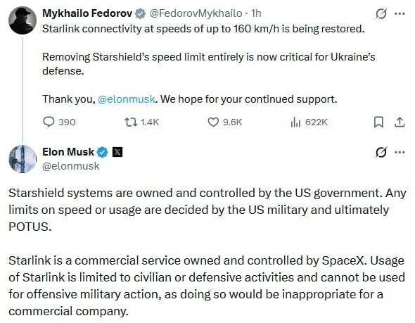Маск ответил на претензии украинцев из-за ограничений Starlink: