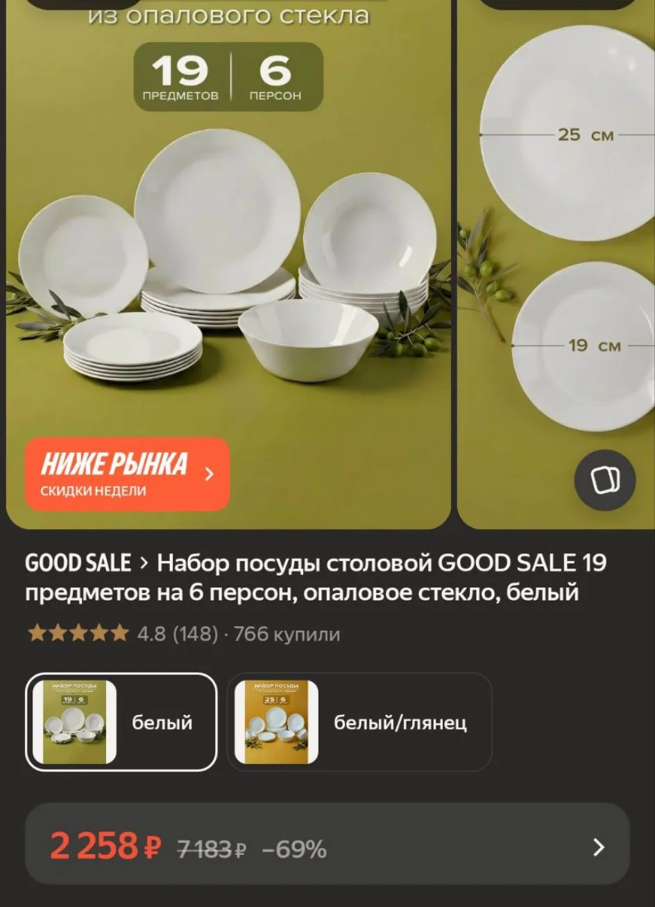 Набор посуды столовой GOOD SALE 19 предметов на 6 персон, опаловое стекло, белый