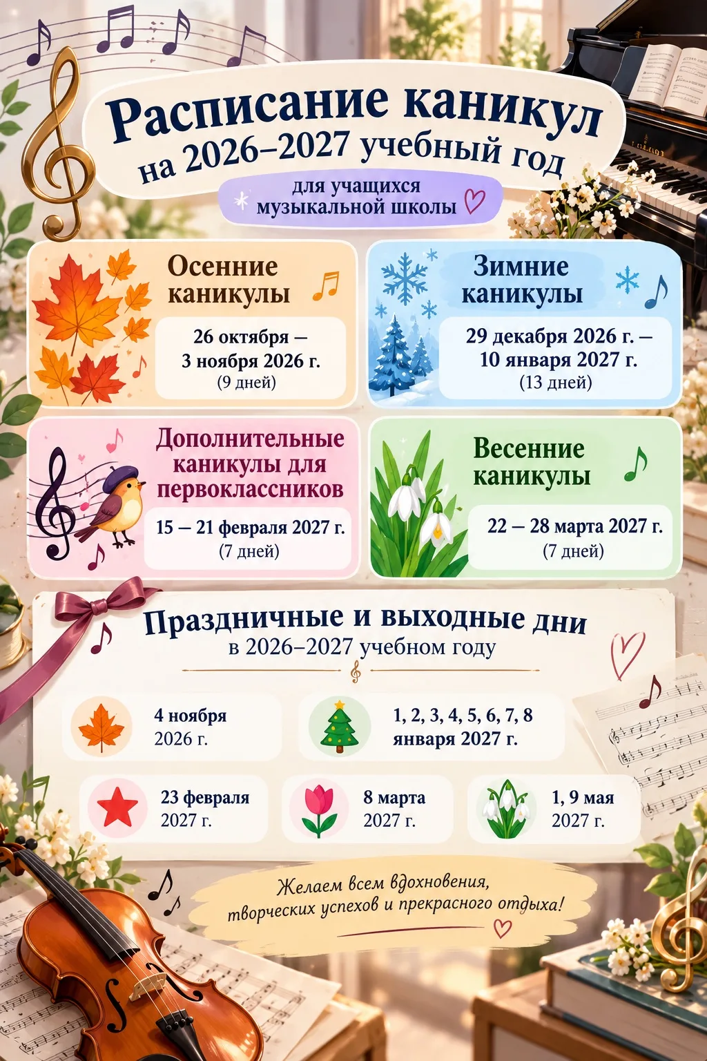 📚 Расписание каникул на 2026–2027 учебный год