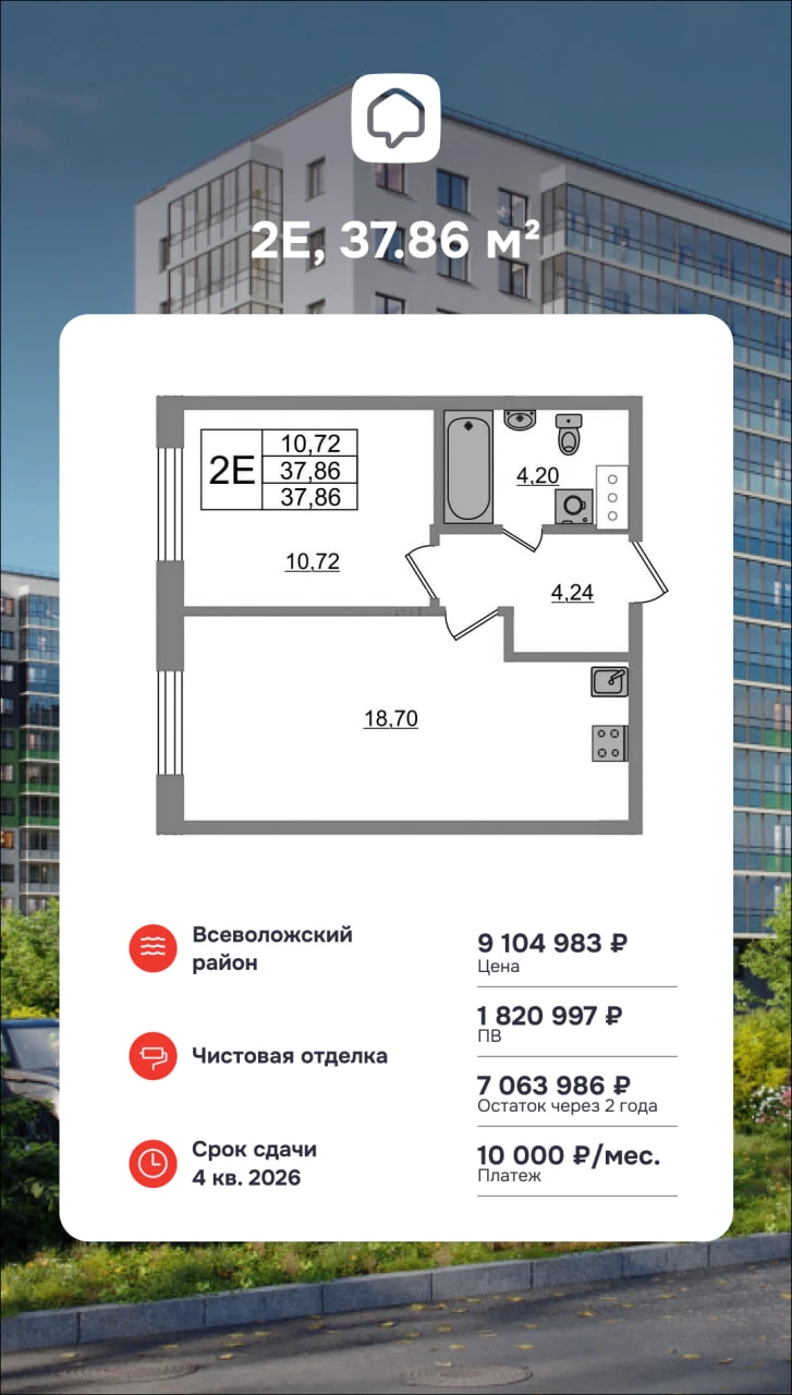 Рассрочка 20/80 на квартиру с отделкой на 24 мес.
