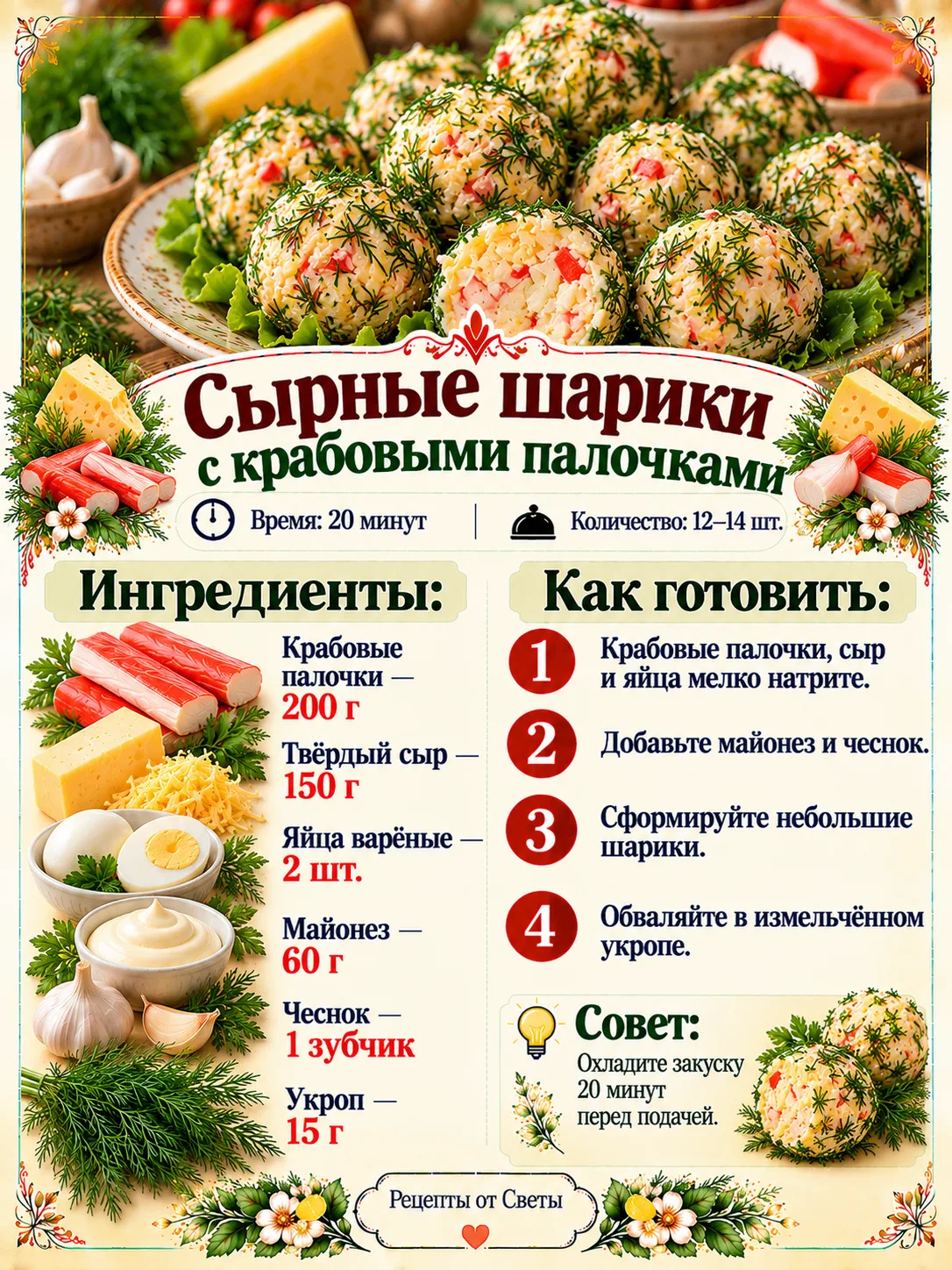🧀 Сырные шарики с крабовыми палочками, нарядные, нежные и такие удобные, что гости раз...