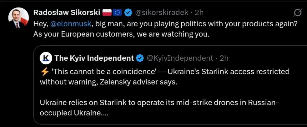 Сикорский пригрозил Маску после ограничения Starlink