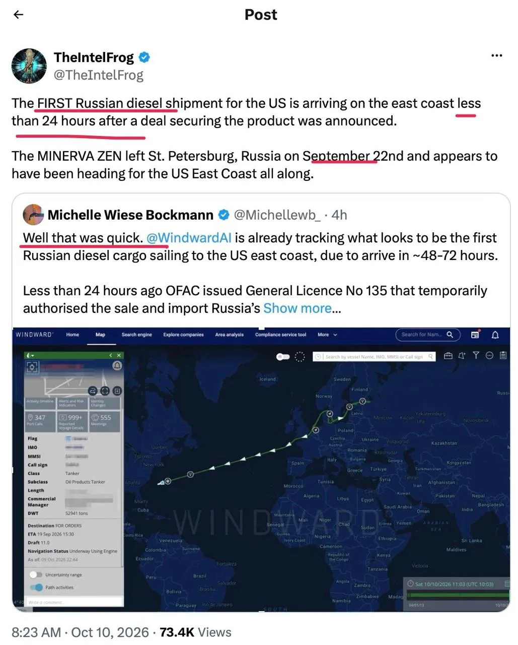 Первый российский танкер с дизелем уже подплывает к восточному побережью США. @ifinvest