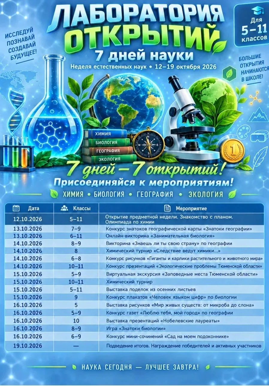 📢 С 12 по 19 октября в нашей школе проводится предметная неделя естественных наук.