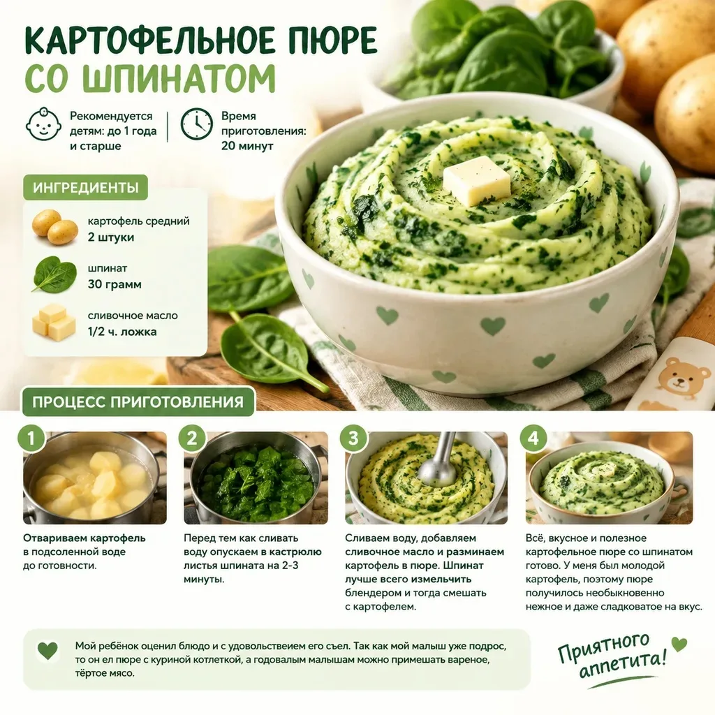 Зеленое пюре: как подружить ребенка со шпинатом 🥔🌱