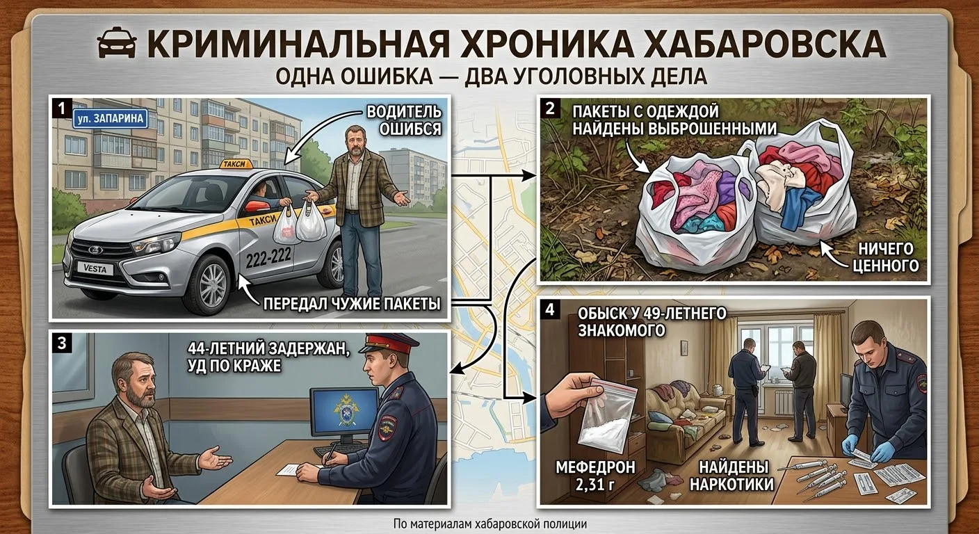 🚔 В Хабаровске мужчина забрал чужие пакеты с одеждой, которые ему передал таксист