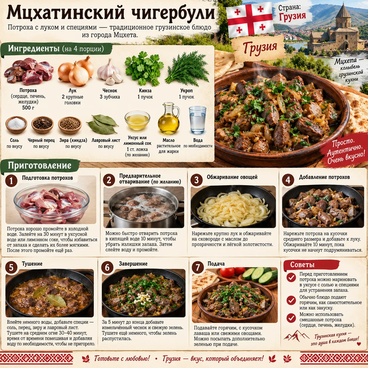 МЦХАТИНСКИЙ ЧИГЕРБУЛИ — ПОТРОХА С ЛУКОМ И СПЕЦИЯМИ     Ингредиенты:                    ...