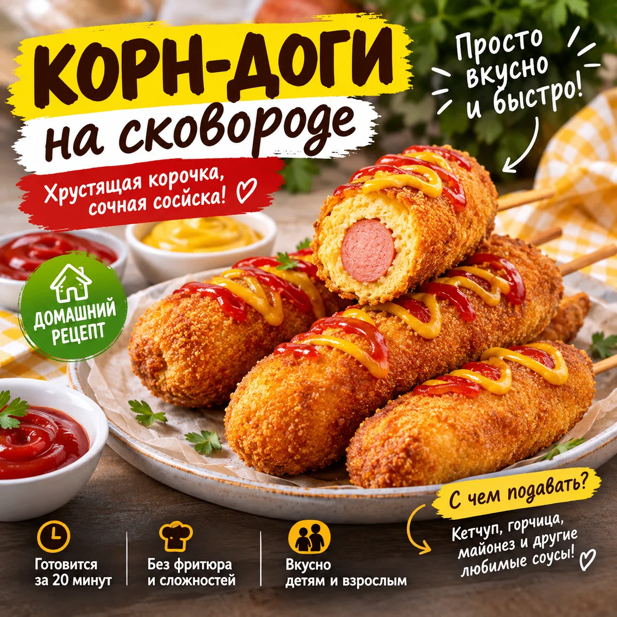 🌭 ХРУСТЯЩИЕ КОРН-ДОГИ НА СКОВОРОДЕ — ДОМАШНИЙ ФАСТФУД, ОТ КОТОРОГО НЕВОЗМОЖНО ОТОРВАТЬ...