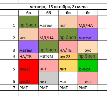 Расписание на 2 смену в четверг, 16 октября