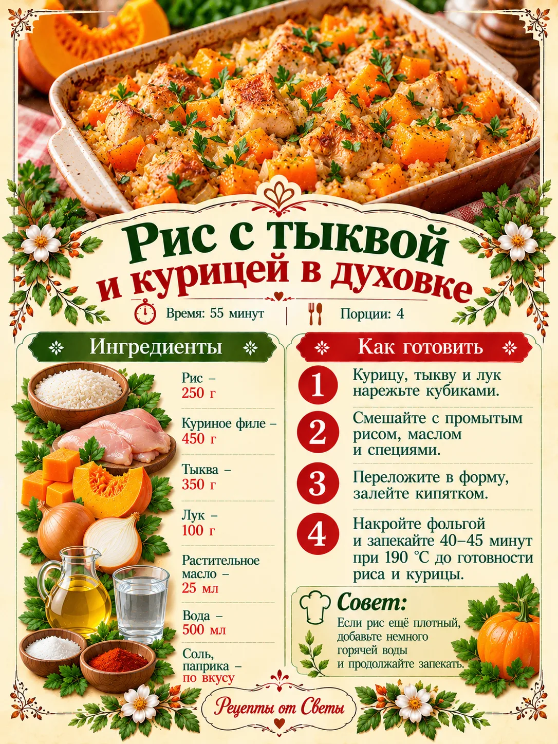 🎃 Рис с тыквой и курицей в духовке, яркий и сытный ужин, ради которого не придётся деж...
