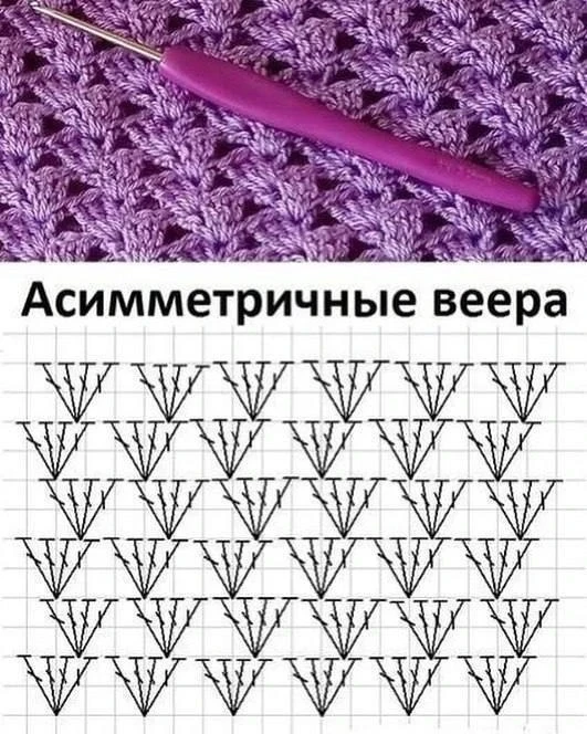Асимметричные веера крючком. Схема вязания