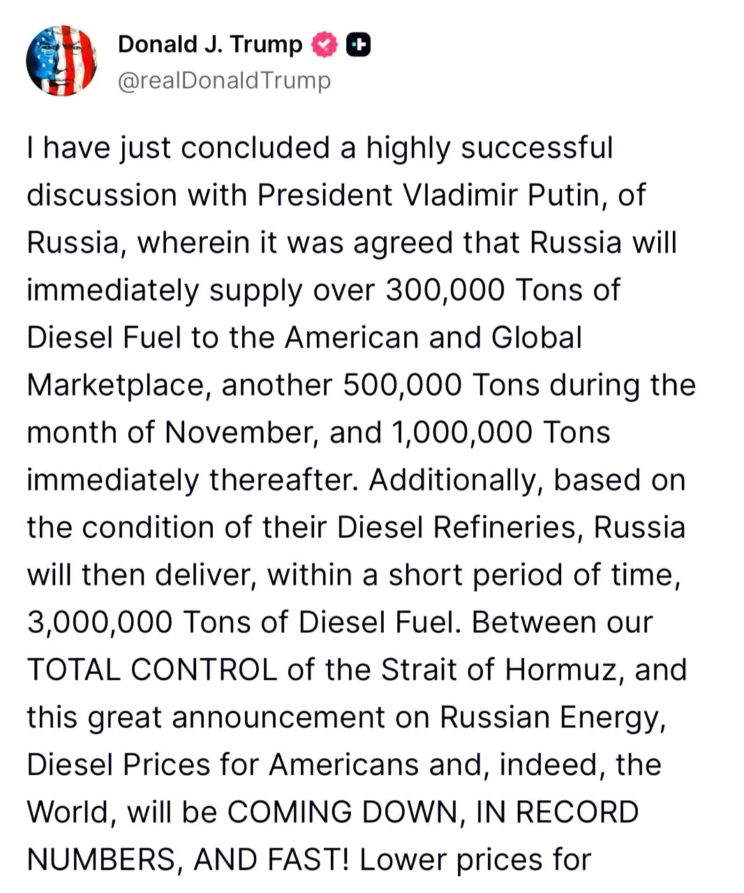 Дональд Трамп сообщил о достигнутых с Владимиром Путиным договорённостях насчёт поставо...