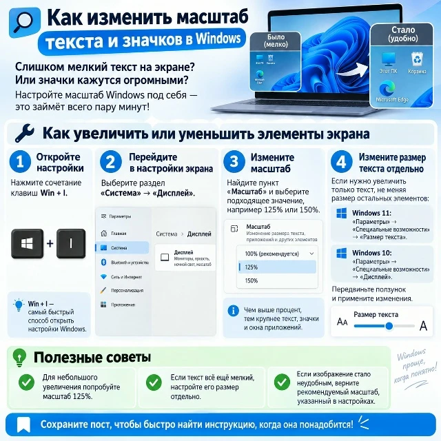 🔍 Как изменить масштаб текста и значков в Windows