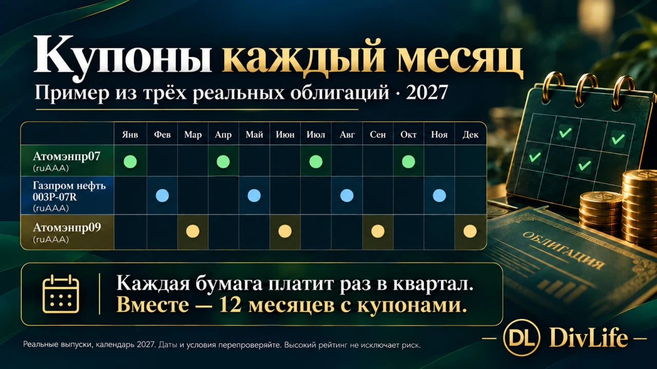 💰 Как получать купоны каждый месяц: пример из трёх моих облигаций