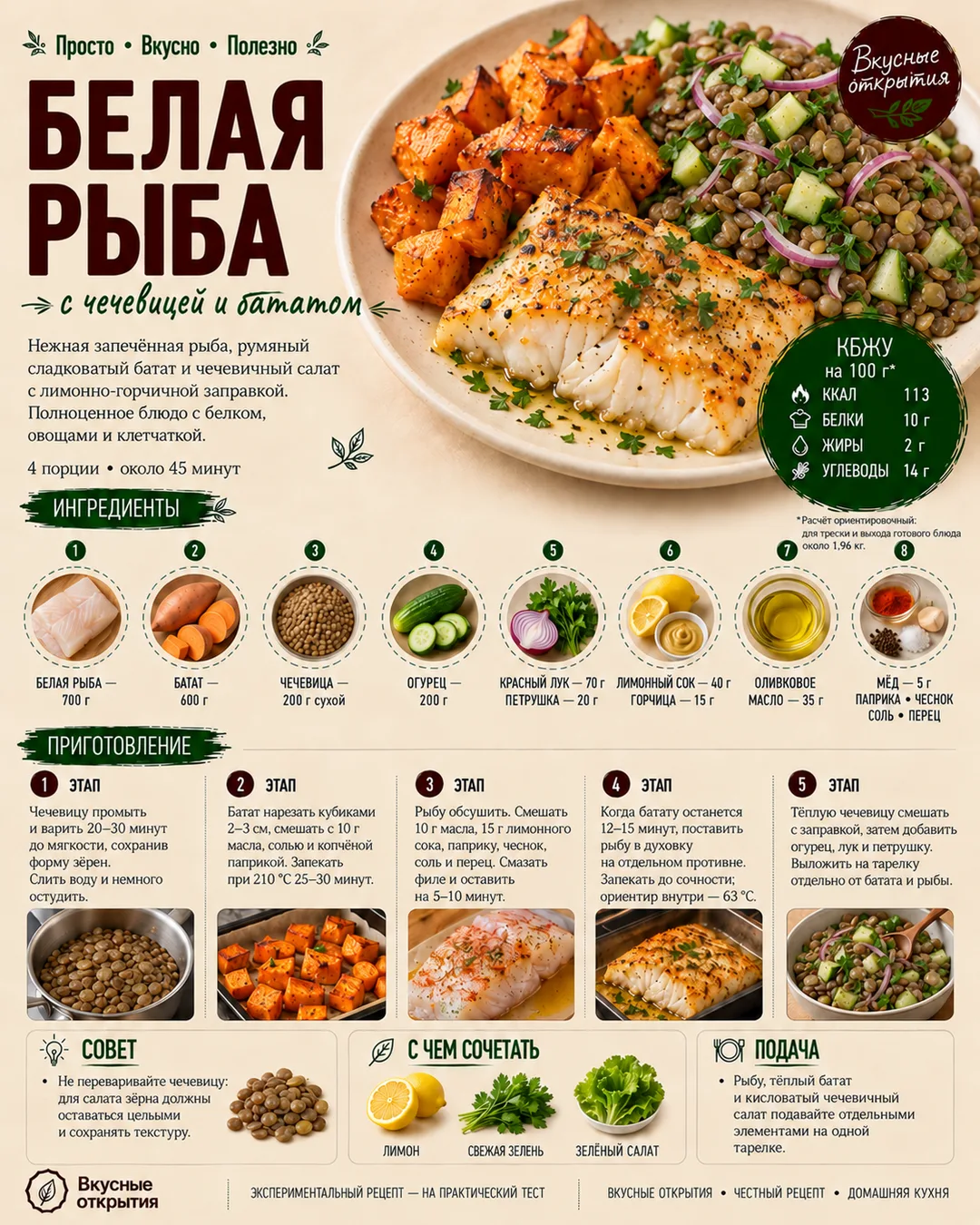 Запечённая белая рыба с чечевицей и бататом