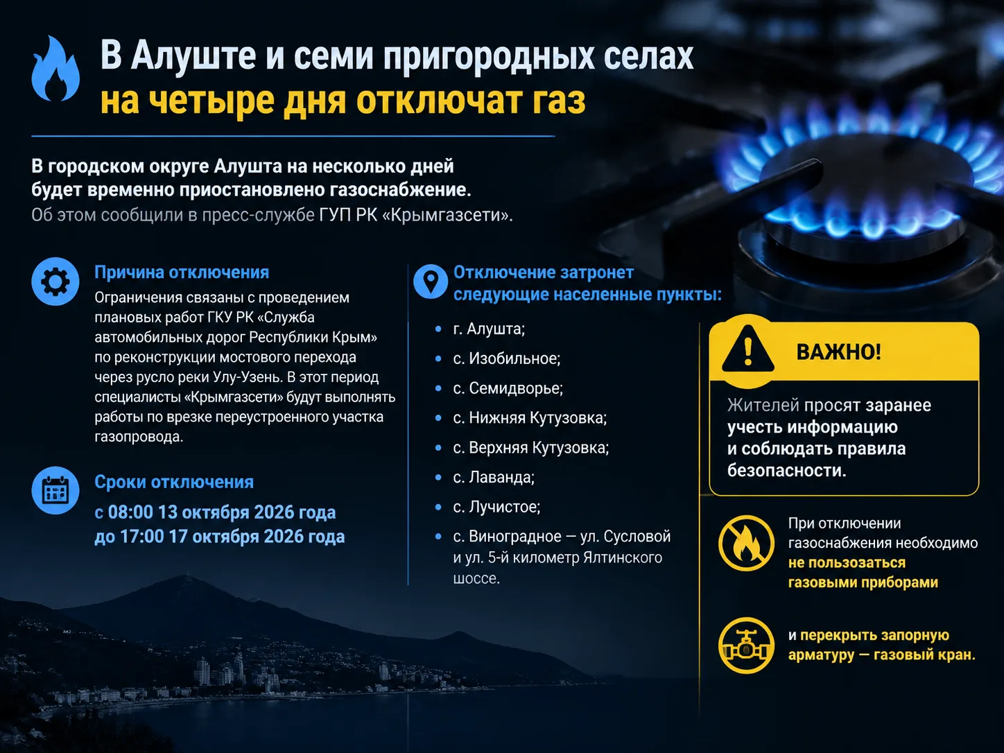 В Алуште и семи пригородных селах на четыре дня отключат газ