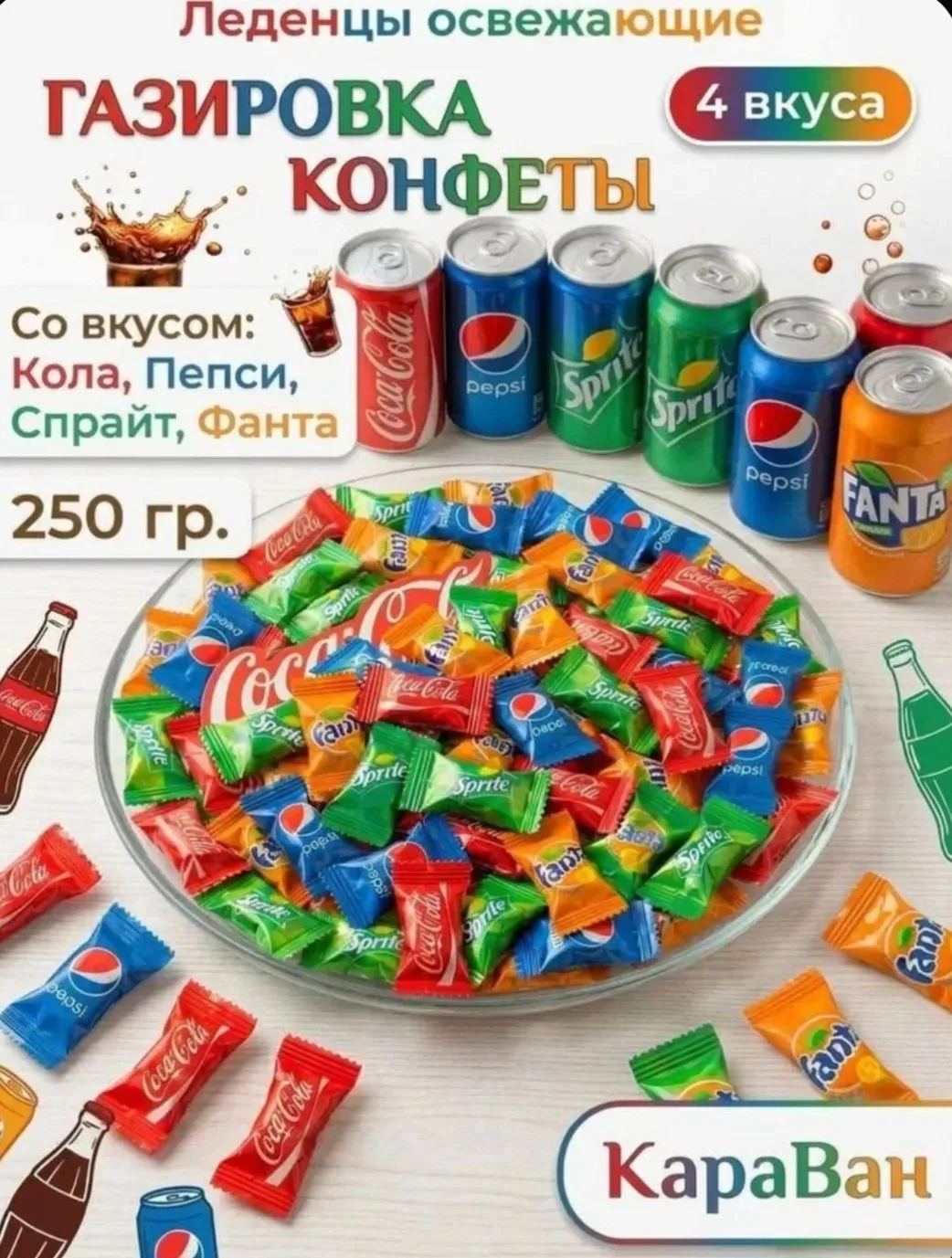 Леденцы со вкусом газированных напитков 250 г ассорти, карамель микс, китайские конфеты