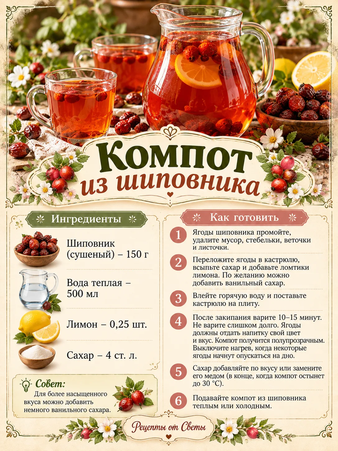 🍵 Ароматный компот из шиповника с лёгкой кислинкой, который особенно приятно пить уютн...