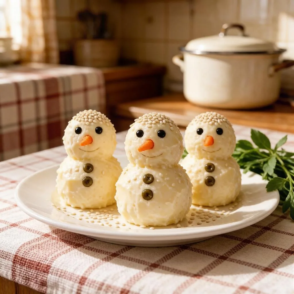 Сырные снеговички с кунжутом и маслинами